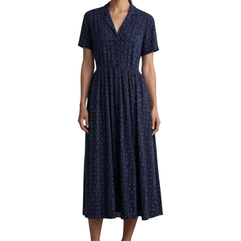 Vintage Karin Stevens Shirt Dress Midi Button Down Pockets Collar Print Navy 10